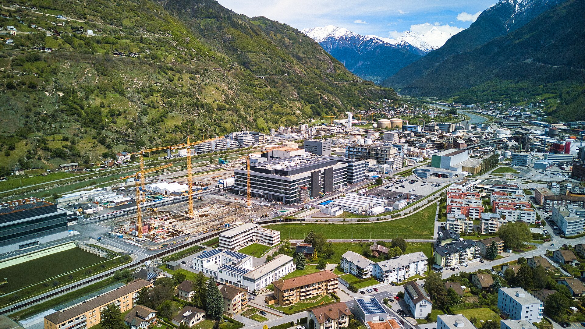 Lonza industrial facility and construction site in Visp, Valais