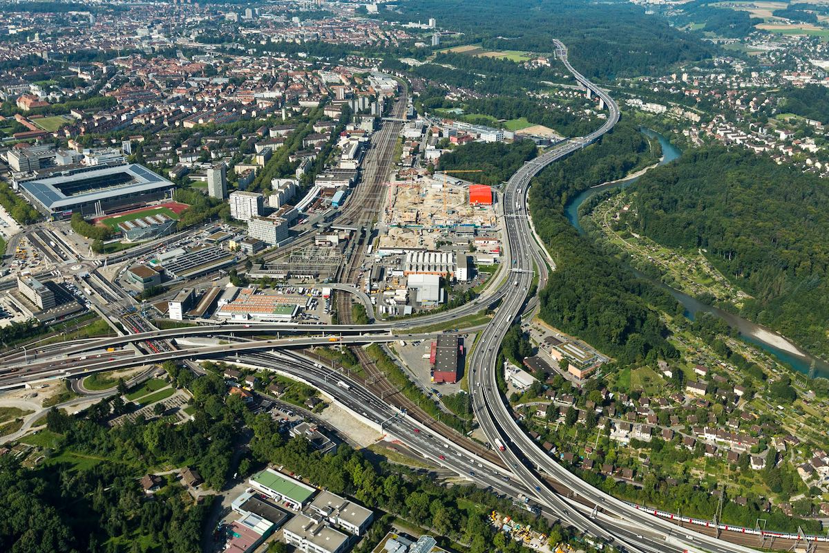 Aerial view of territorial infrastructure, transport networks and urban development